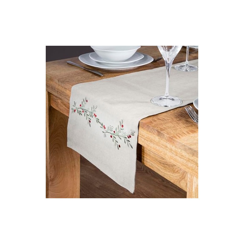 Premier Decorations Christmas Holly Berry Cotton Table Runner Green and