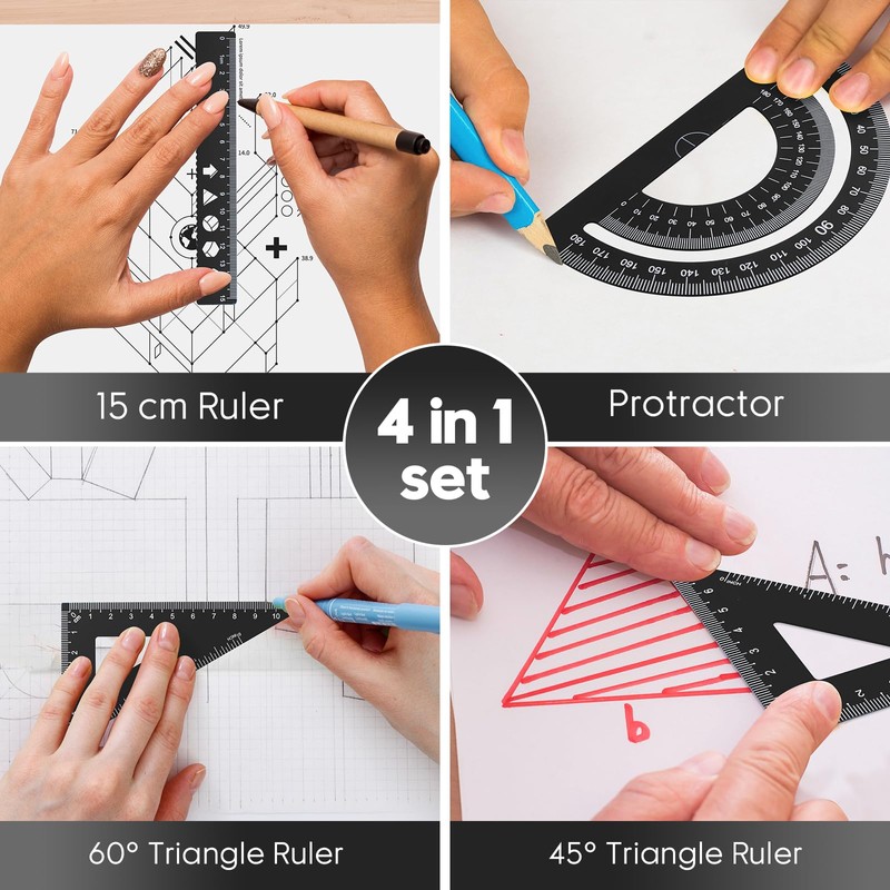 MSDADA 8 Pieces Aluminium Alloy Ruler Set Protractor Triangle Mathematics