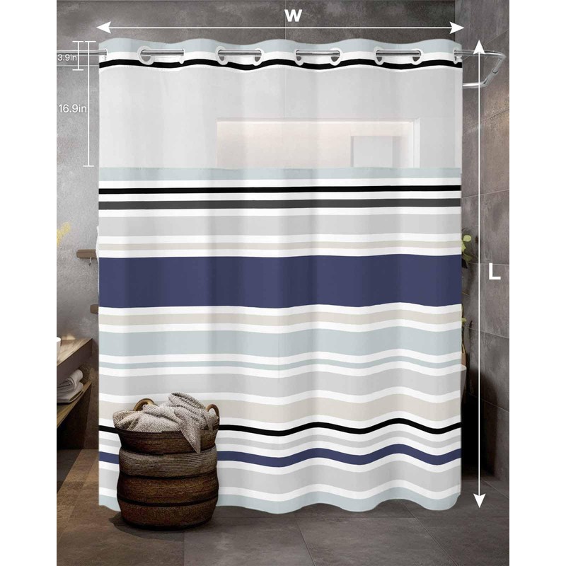 EwdeWwo No Hook Striped Shower Curtain with Snap in Liner,