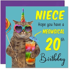 20th Niece Birthday Card - Meowgical Cat Funny Niece's Birthday Card for 20 Year old twenty twentieth