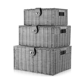 Unibos | Woven Wicker Hamper Basket | Comes with Lid & Lock | Decorative Storage Box | Resin Shelf Storage Baskets | for Organizing Toys, Clothes, Office etc | Insert Handles | Set of 3 | 𝗚𝗥𝗘𝗬