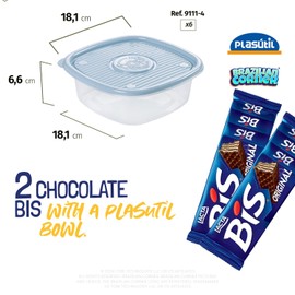Bis Chocolate Wafers [2 Pack] Bundle with Food Container 33.8oz Plasutil | Wafer Rechado Bis 100g (3.5oz) Chocolate ao Leite [Pack of 2] e Pote Pop Quadrado 1L Plasutil