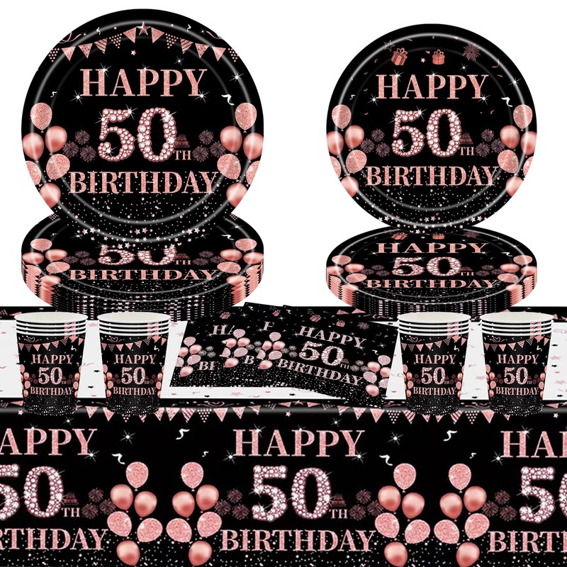 16Pack Paper Plates 50th Birthday,Black Rose and Gold Paperplates 7