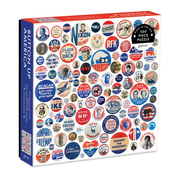 Galison Button Up America Puzzle, 500 Pieces, 20” x 20” – Jigsaw Puzzle Featuring A Photo of Political Campaign Buttons from American History – Challenging and Ideal for Family Fun