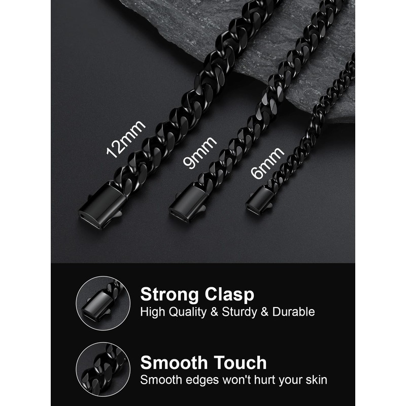 Black Stainless Steel Cuban Link Chain for Men 12mm 18Inch