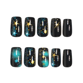 MISUD Press on Nails Short Square Fake Nails Glossy Glue on Nails Black Acrylic Nail Supplies Squoval Artificial Nail Art Gold Star Stick on False Nails with Design DIY 24 pcs