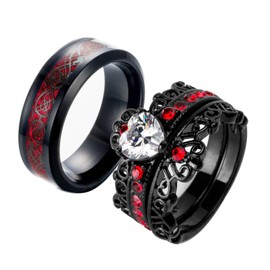 Ringcrown Anillos de pareja chapados en negro con corazón rojo circonita cúbica para mujer, anillos de boda de titanio para hombre (por favor, compra 2 anillos para 1 par), Metal Cristal Metal diamantes de imitación piedra, circonita
