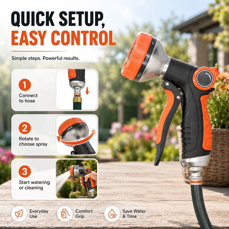 High Pressure Garden Hose Nozzle for Watering – 8-Pattern Metal