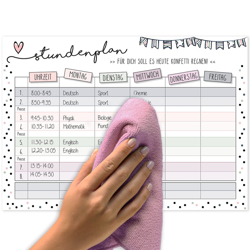 Younikat Girl’s School Timetable, DIN A4, Wipeable and Re-Writable, pink
