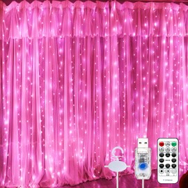 SINAMER 600LED Pink Curtain Lights for Bedroom, 19.6ft x 9.8ft Fairy Curtain String Light with 24 Hooks, 8 Modes Hanging Lights for Wedding, Party, Backdrop, Window, Xmas Decor