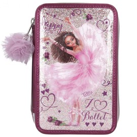 Depesche 11231 TOPModel - Filled 3-Compartment Pencil Case in Ballet Design, Pink Pencil Case Approx. 7.5 x 12.5 x 20 cm, with Felt and Coloured Pencils, Ruler, Scissors, Glue, etc.