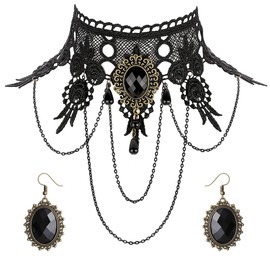 Black Lace Necklace Earrings Set - Gothic Lolita Pendant Choker Clothing Accessories for Wedding Birthday Hallowen Christmas (Black14), one size, No Gemstone
