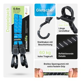 Set of 2 Rubber Tension Straps, Adjustable Reflective Wide Band Expander with Metal Hooks, Heavy Duty for Car, Bicycle and Outdoor Activities (10 Colours, 4 Lengths) (60 cm, Glacier)