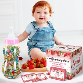 Glenmal 52 Pcs Baby Shower Games Gift Sets Large Baby Bottle for Shower Game Guess How Many Candies Decorations for Gender Reveal(Strawberry)