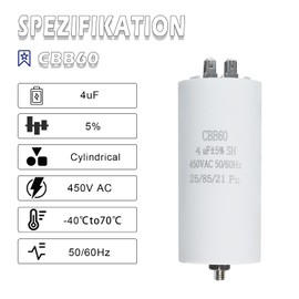 Iruihoo CBB60 Motor Capacitor 4µF, 450V Capacitor 50/60Hz Starting Capacitor 4UF Motor Run Capacitor Plug M8 for Electric Motor
