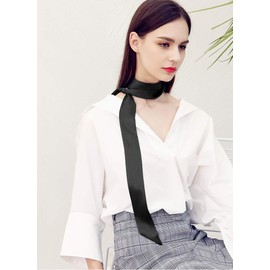 SilRiver Women's Silk Satin Skinny Scarf Long Necktie Sash Tie Headdress Fashion Accessories, black
