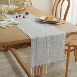 Fecialy Cotton Linen Sage Green Table Runner 183cm Long with Handmade Tassel Farmhouse Style Table Runners for Holiday Party Dining Table Wedding Decorations 183x33cm