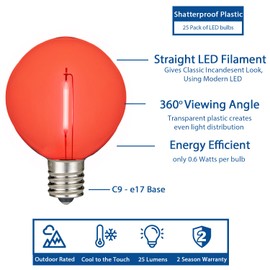 Novelty Lights 25 Pack Red G50 LED Filament String Light Bulbs, E17/C9 Intermediate Base, 7 Watt Equivalent, Shatterproof Replacement Bulbs for Patios, Canopy Lighting