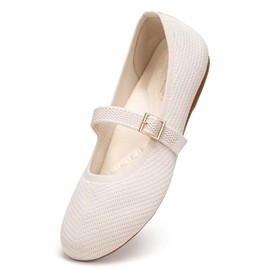 Frank Mully Women's Mary Jane Flats Comfortable Dressy Ballet Flats Casual Round Toe Slip On Washable Knitted Fabric Office Work Woman Shoes Cream,9