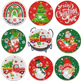 8Pcs Diamond Art Painting Coasters with Holder,DIY Coaster Diamond Art Kits for Adults Beginners, Round Full Drill Diamond Art Craft Supplies QLBD-02