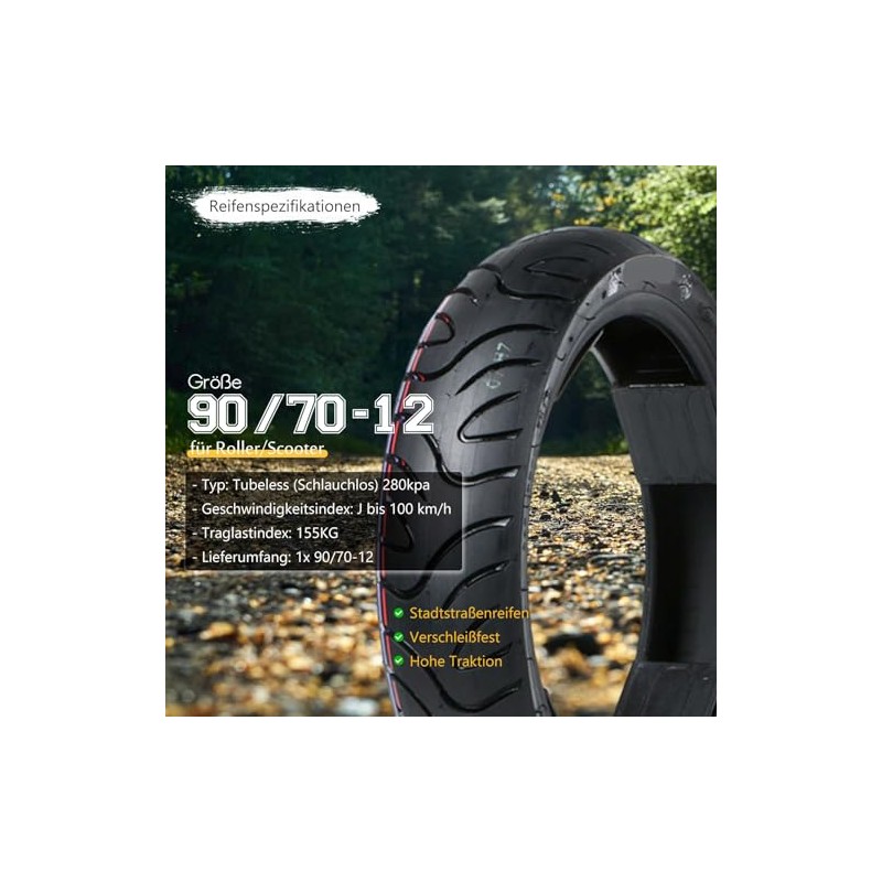 MZBZYU 90/70-12 Tire 90 70 12 Bike Neumático, Position: Front/Rear,