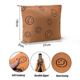 Milifox Corduroy Smiley Face Makeup Bag, Pouch Cosmetic Bag for Women, Purse with Soft Portable Versatile Fashion Zipper, Brown