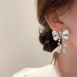 Stocking Stuffers Bow Earrings for Women Trendy Sparkly Rhinestone Stud Earrings Bow Pearl Dangle Earrings Silver Jewelry Stocking Stuffers Womens Gifts for Christmas