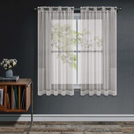 Joydeco Curtains with Eyelets, Transparent Set of 2, Look Curtain, Voile Eyelet Curtain, Eyelet Curtain, Transparent Curtain, Short for Bedroom, Living Room, Tab-Top Curtain (2 x H 145 x W 140, Linen)