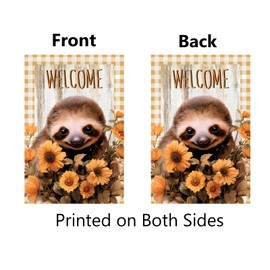 Fall Welcome Sloth Garden Flag 12x18 Inch Double Sided Autumn Flowers Baby Sloth Yard Flags for Outside Patio Lawn Outdoor Home Decor