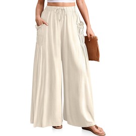TARSE Women's 2025 Summer Wide Leg Palazzo Pants High Waisted Flowy Pockets Trendy Casual Lounge Boho Beach Trousers LightApricot, S