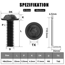 Pack of 20 M8 x 25 Screws, Pan Head Screws, Torx Screws, Flange Screws, Stainless Steel, A2 V2A, Full Thread, Black Oxide, with Torx Key