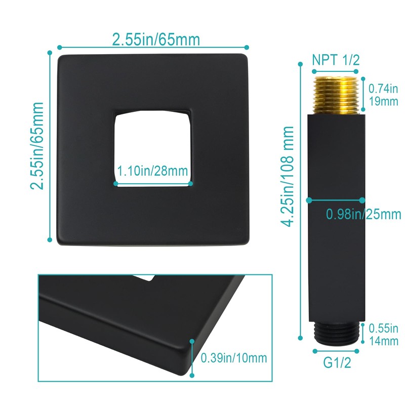 Enga Brass 3 Inches Square Shower Arm with Flange, Ceiling