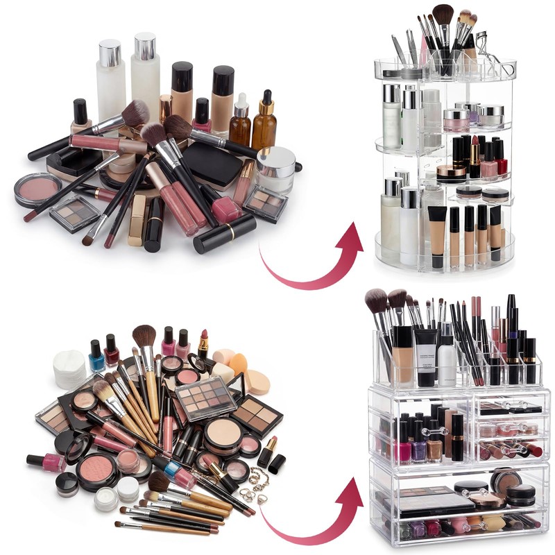 Canchiing Acrylic Makeup Organizer Set, 360 Rotating Makeup Organizer, Clear