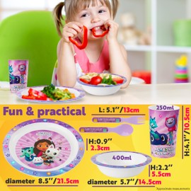 Get Trend Gabby's Dollhouse Dinner Set Cutlery Kids Tableware, 5 Pcs Reusable Plastic Plate Bowl Cup Spoon Fork, BPA Free Dinnerware, Crockery Set (Multi Gabby's Dollhouse)