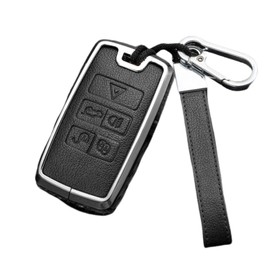 Happyit Zinc Alloy Leather Car Key Cover Cases for Land Rover Discovery 4 Freelander 2 Range Rover Evoque 2016-2024 5 Button (Black+Silver)