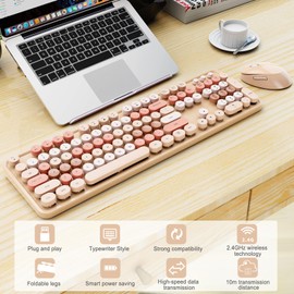 Wireless Keyboard and Mouse Set, Full-Size Typewriter Keyboard with Retro Round Keycaps, Ergonomic Design, Compatible with Windows PCs, Ideal for Home and Office. (Milk Tea)