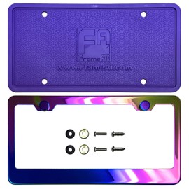 Silicone Back Guard License Plate Frame Neo Chrome Aurora Electroplating Burnt Titanium Mirror Chrome Universal Fit Anti Rust Metal Screw On Cap Cover, T304 Stainless Steel, Rust Proof (Qty: 1 Frame)