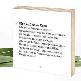 Wunderpixel® Holzbild Höre auf dein Herz - 15x15x2cm zum Hinstellen/Aufhängen, echter Fotodruck mit Spruch auf Holz - schwarz-weißes Wand-Bild Aufsteller Zuhause Dekoration Geschenk-Idee Achtsamkeit