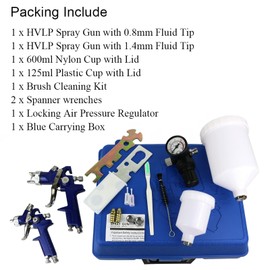 HVLP Air Gravity Spray Gun Set, Paint Spray Gun for Car, 2-in-1 with 1.4mm 600ml & 0.8mm 150ml, Paint Repair, 2 Set Sprayer Gun with Locking Air Pressure Regulator Gauge Automotive, DIY Projects