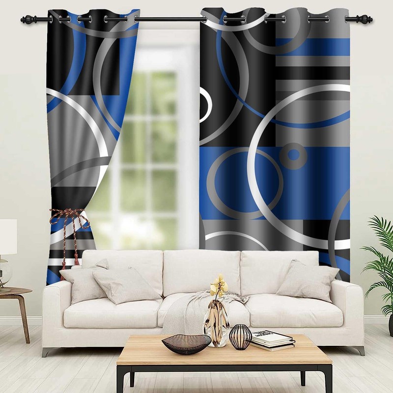 Blue and Black Blackout Curtains Geometric Line Plaid, 52x84 Inch
