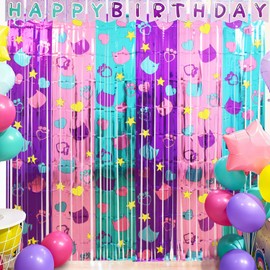 Cute Dollhouse Birthday Decorations, 2 Pack Dollhouse Party Photo Booth Prop, Purple Pink Teal Kitty Head Printing Fringe Curtains Tinsel Photo Streamers Backdrop for Cat Doll House Party Supplies