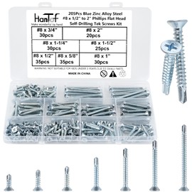 HanTof 205Pcs Blue Zinc Flat Head Self-Drilling Screws for Metal, 8# x 1/2 to 2 inch Phillips Drive Countersunk Head Self-Tapping TEK Screws Assortment Kit, Sheet Metal Screws, Drill Point Deck Screws