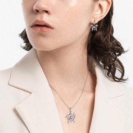 Aurora Tears Turtle Necklaces/Stud Earrings 925 Sterling Sliver Animals Jewelry Set Blue Alexandrite June Birthstone Jewellery Gifts with Cubic Zirconia for Women DS0088U