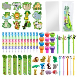 Pecopcock 84 Pcs Jungle Safari Party Favors - Wild Animal Themed Stationery Set Supplies for Classroom Gifts, Pencils Notepads Bookmarks Rulers Erasers Stampers Birthday Treat Bags Rewards Prizes