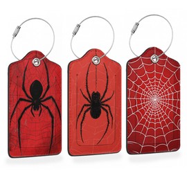 Red Web Spider 3 PCS Luggage Tags, Black Hanging Spider Leather Suitcase Tags with Privacy Cover Name Address Labels and Durable Steel Loop for Men/Women Travel Bag Suitcases