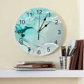 CosyBright Teal Silver Fluid Art Silent PVC Wall Clock 10 Inch Round Teal Abstract Waves Hanging Clock for Kitchen Non Ticking Battery Operated Living Room Mute Clock