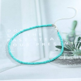 Yalice Boho Choker Necklace Chain Rice Beaded Necklaces Summer Surfer Costume Neck Accessories for Women (Turquoise)