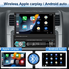 Single Din Wireless Carplay Car Stereo with Bluetooth, Rimoody 7 Inch flip Out Touch Screen Car Radio MP5 Player Support Android Auto, Mirror Link, USB Type-C, TF, EQ, AM FM, Aux-in, SWC Backup Camera