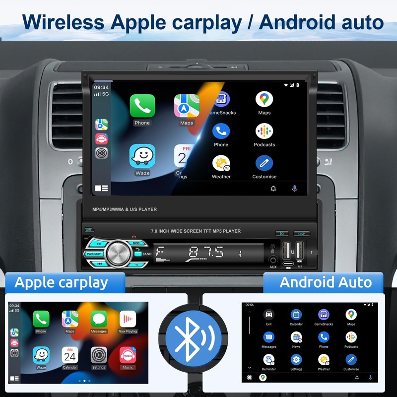 Single Din Wireless Carplay Car Stereo with Bluetooth, Rimoody 7