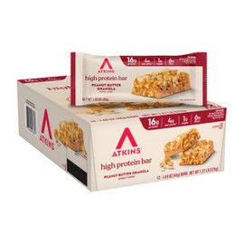 Atkins Peanut Butter Granola High Protein Bar, High Fiber , 16g Protein, 1g Sugar, 4g Net Carb, Keto Friendly, 12 Count